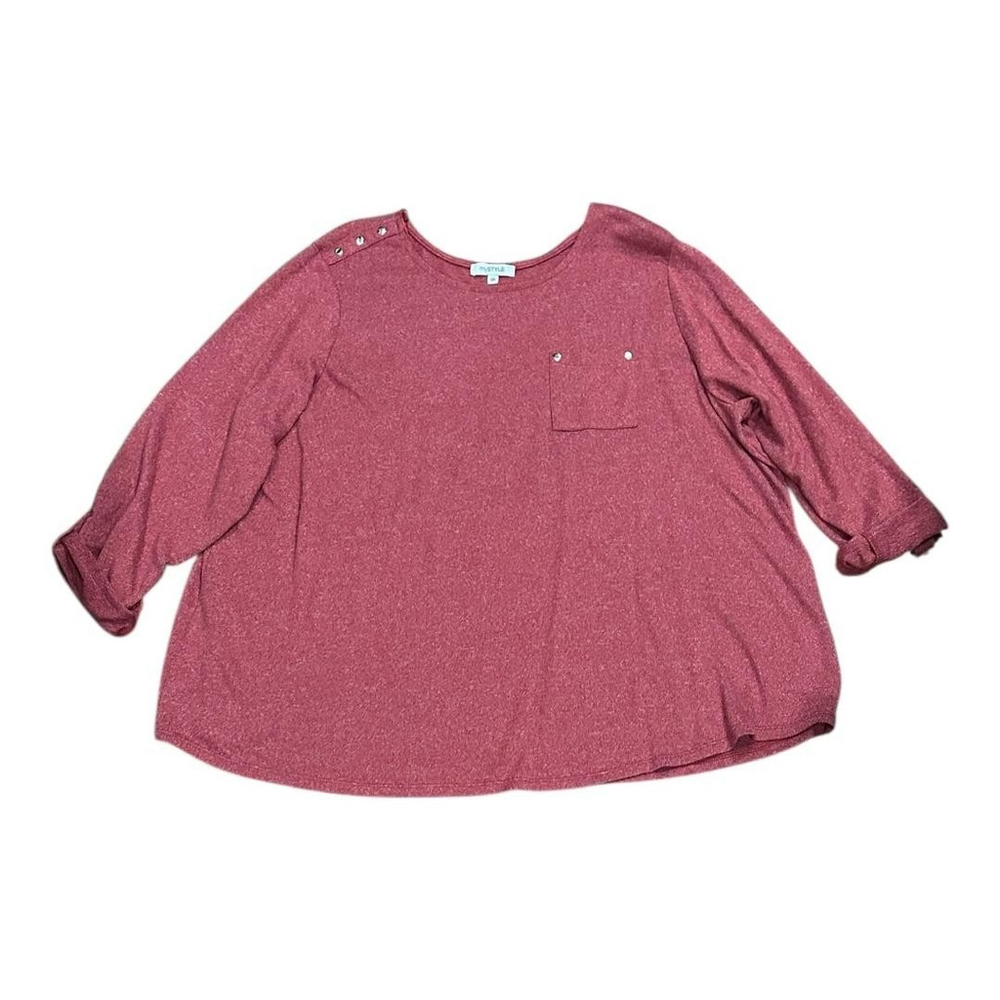 MySTYLE Shirt Womens Plus 3X Pink Button Shoulder Roll Tab Tunic Top Stretch